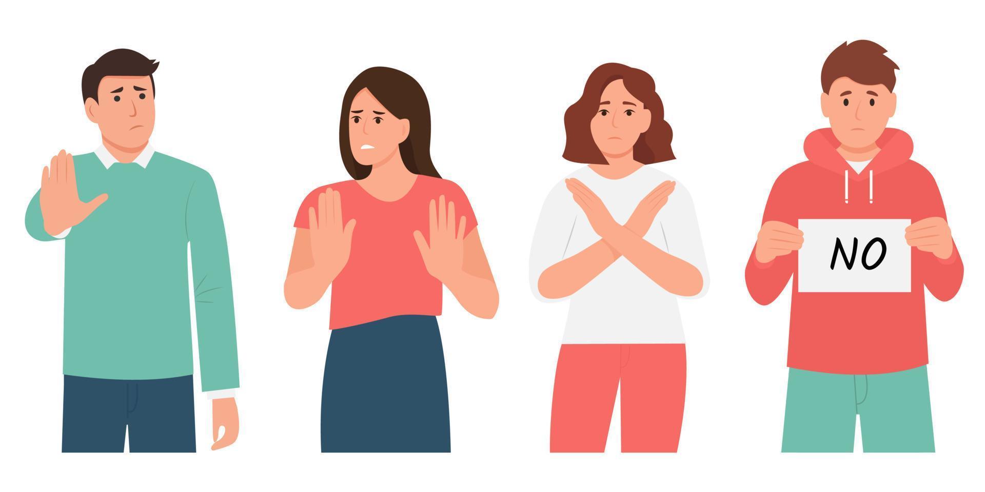 13996901 personnes exprimant le rejet langage des doigts communication non verbale hommes et femmes rejetant quelque chose avec un geste de la main d arret illustrationle vectoriel